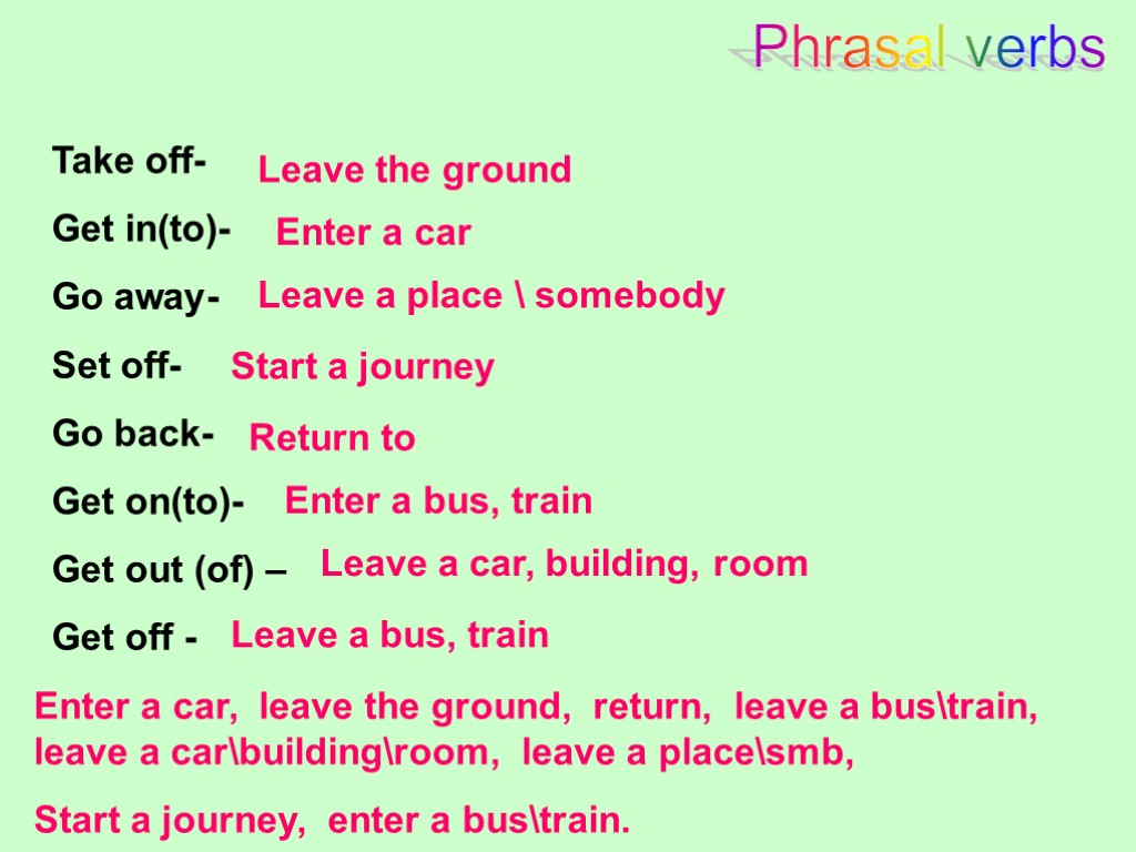 Phrasal verbs Take off- Get in(to)- Go away- Set off- Go back- Get on(to)-